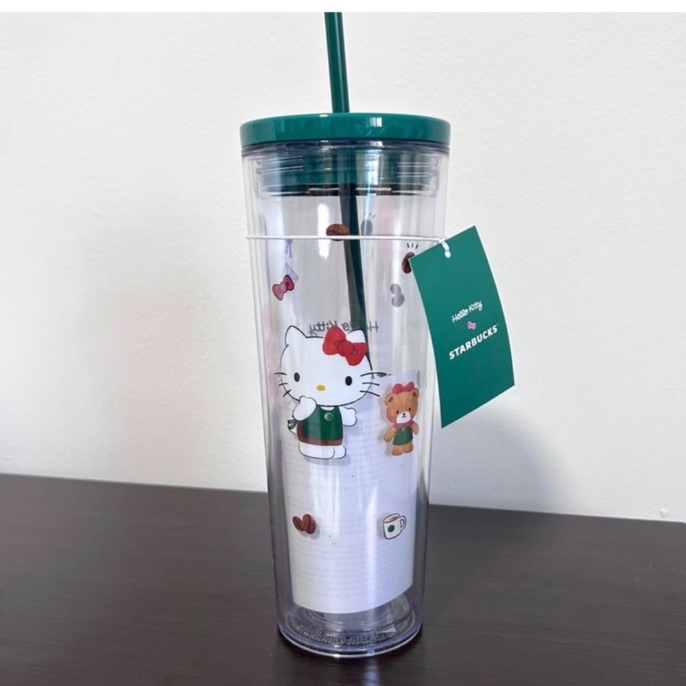 Starbucks Green Hello Kitty Clear Tumbler with Red Accents